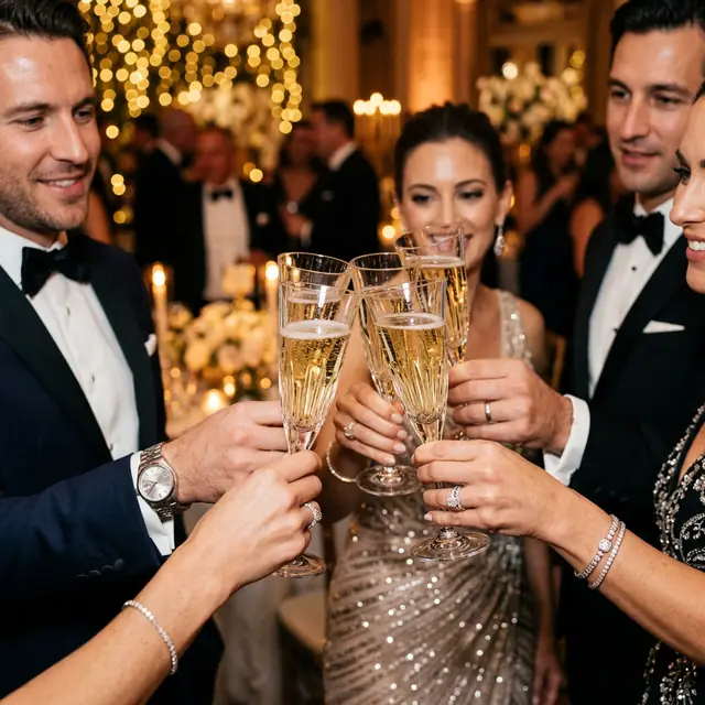 Convidados de um casamento brindando com champanhe
