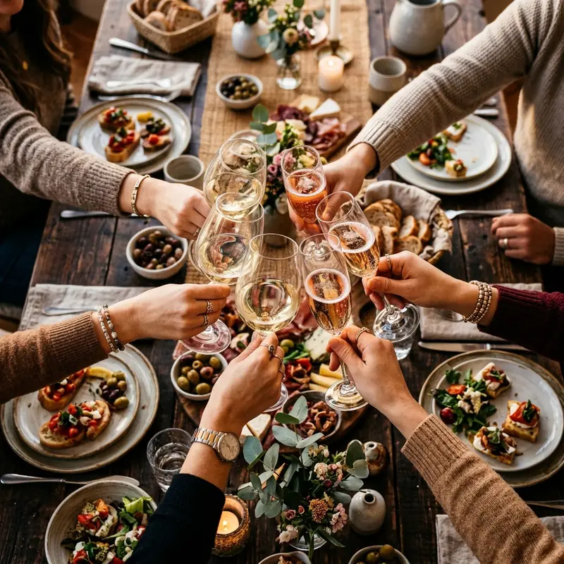 Mãos brindando sobre uma mesa de comemoração